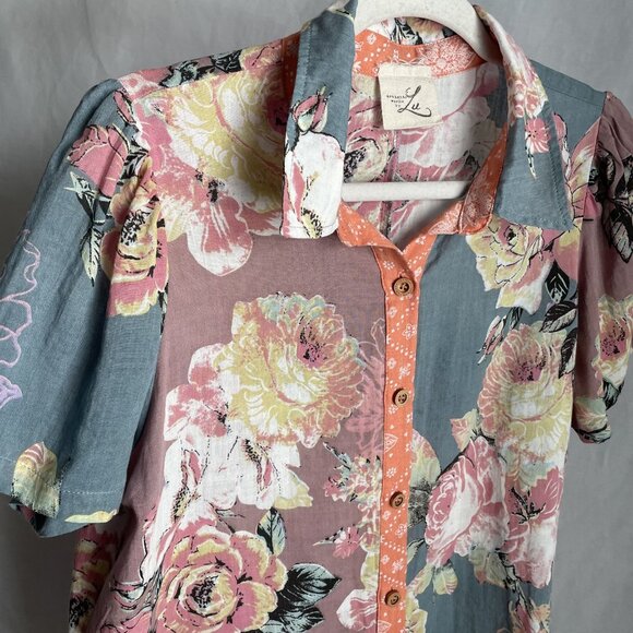 Artistic Works by Lu Floral Mix Print Top Size S Short Sleeve Button Down Blouse - Picture 7 of 9